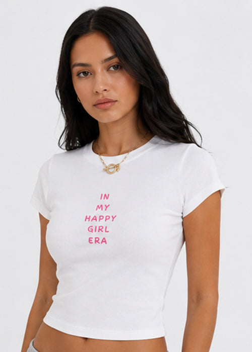 "In My Happy Girl Era" Graphic Slim Fit Crop Top – White