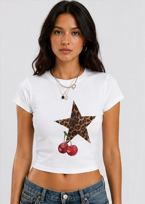 Leopard Star & Cherry Graphic Slim Fit Crop Top – White