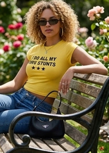 "I Do All My Own Stunts" Graphic Crop T-Shirt-Yellow