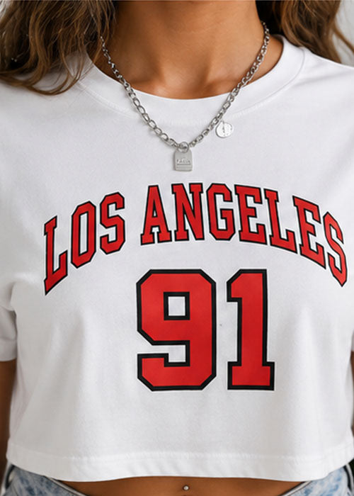 Los Angeles 91 Graphic Oversized Crop T-Shirt – White