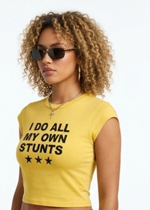 "I Do All My Own Stunts" Graphic Crop T-Shirt-Yellow