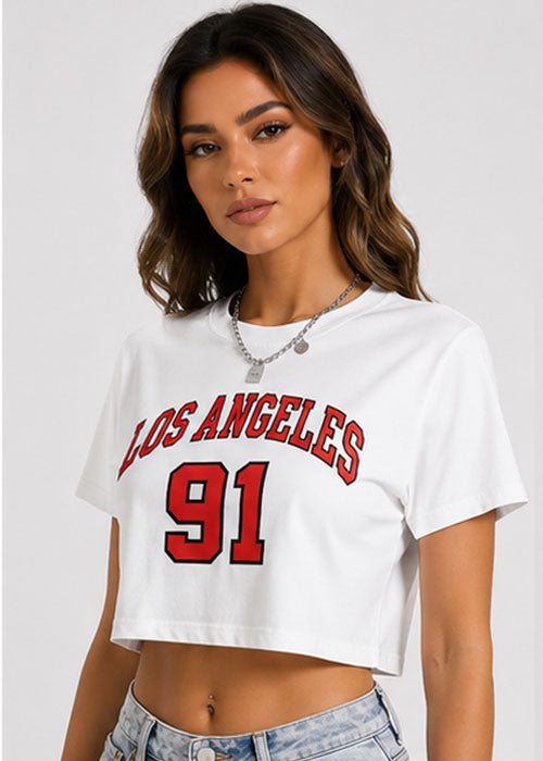 Los Angeles 91 Graphic Oversized Crop T-Shirt – White