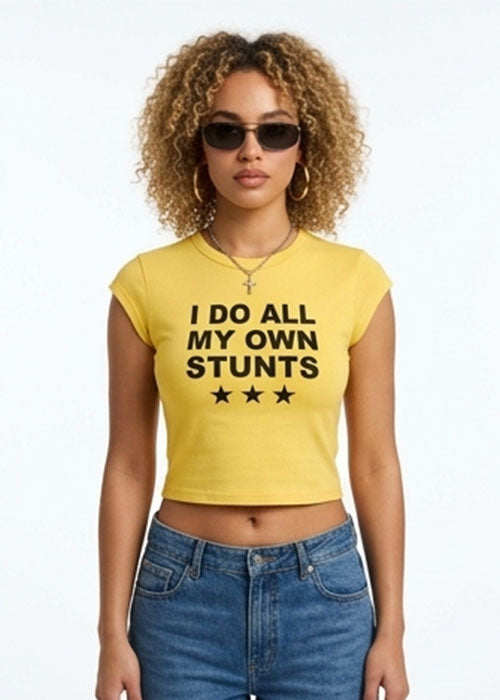 "I Do All My Own Stunts" Graphic Crop T-Shirt-Yellow