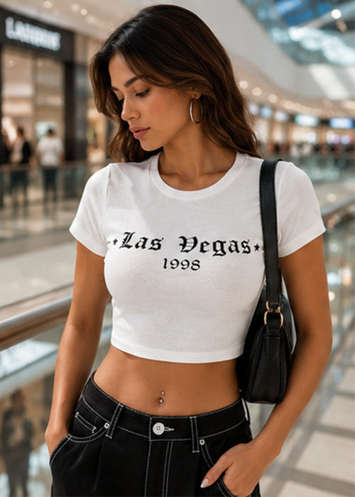Las Vegas 1998 Graphic Slim Fit Crop Top – White