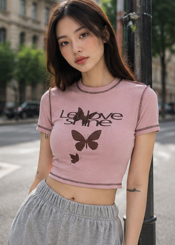 Fitted Love Shine Butterfly Graphic Crop Top