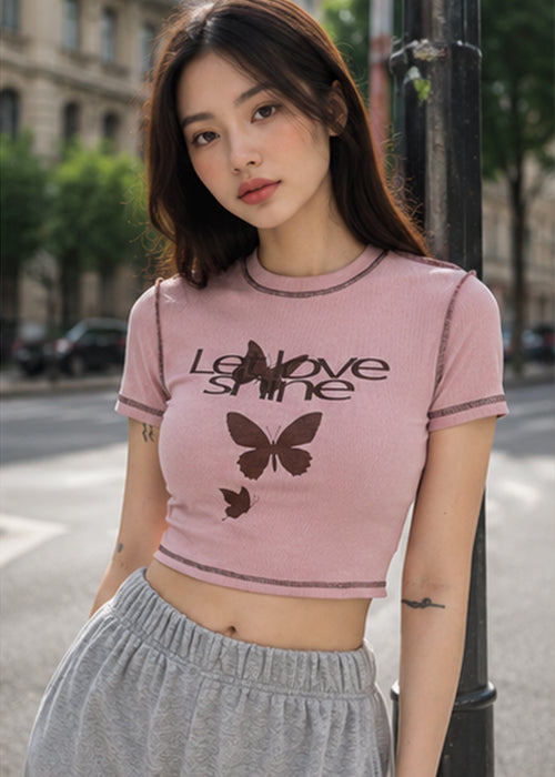 Fitted Love Shine Butterfly Graphic Crop Top