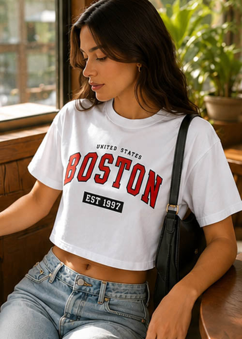 Boston Graphic Printed Oversized Crop T-Shirt – White