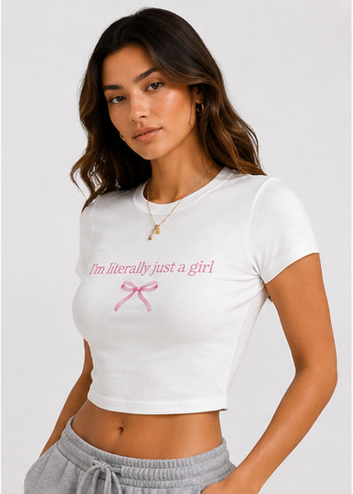 "I'm Literally Just a Girl" Graphic Slim Fit Crop Top – White
