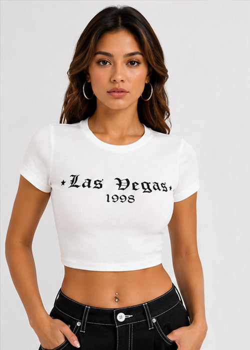 Las Vegas 1998 Graphic Slim Fit Crop Top – White