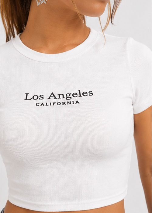 Los Angeles California Typography Slim Fit Crop Top – White