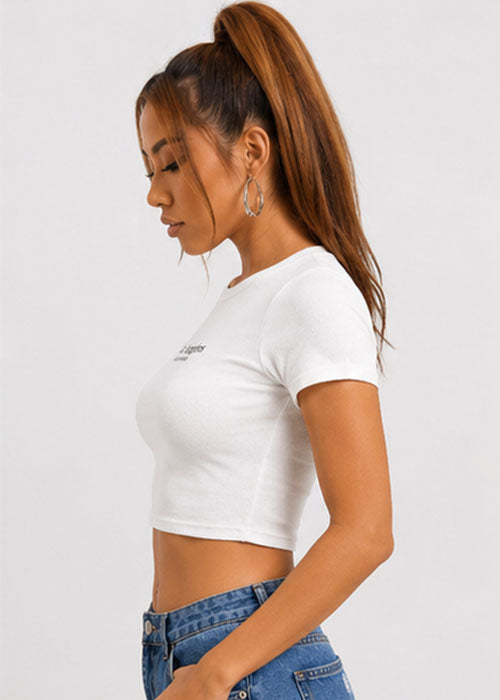 Los Angeles California Typography Slim Fit Crop Top – White
