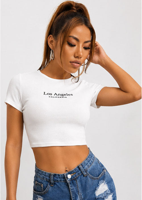 Los Angeles California Typography Slim Fit Crop Top – White