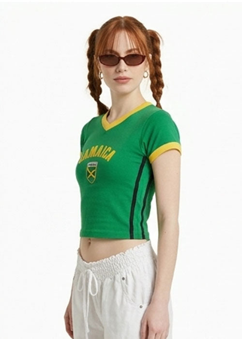 Jamaica Graphic Ringer Crop Top – Green