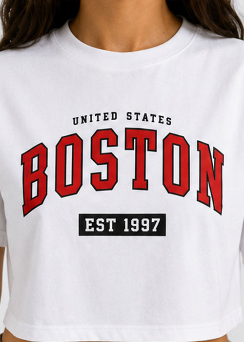 Boston Graphic Printed Oversized Crop T-Shirt – White