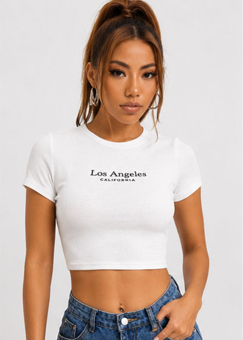 Los Angeles California Typography Slim Fit Crop Top – White