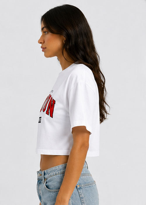 Boston Graphic Printed Oversized Crop T-Shirt – White