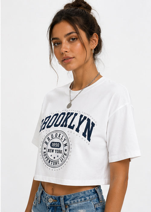 Fitted Brooklyn Graphic Printed Crop T-Shirt