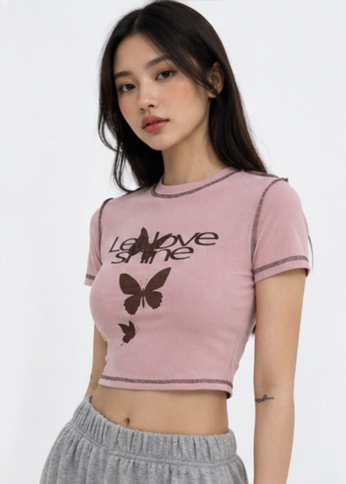 Fitted Love Shine Butterfly Graphic Crop Top