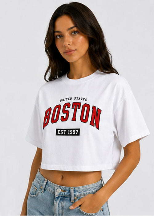Boston Graphic Printed Oversized Crop T-Shirt – White