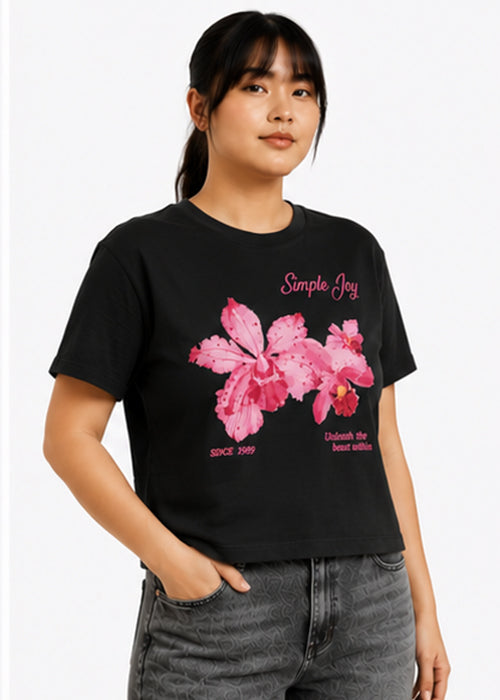 Fitted Simple Joy Floral Graphic Oversized Tee