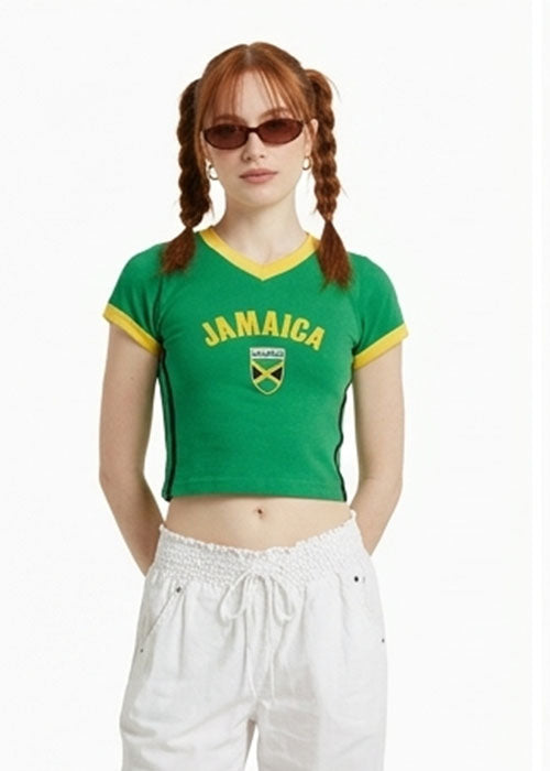 Jamaica Graphic Ringer Crop Top – Green