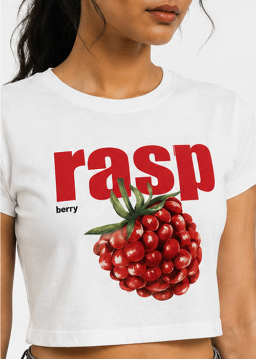 Raspberry Graphic Slim Fit Crop Top – White
