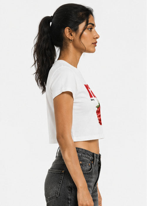 Raspberry Graphic Slim Fit Crop Top – White
