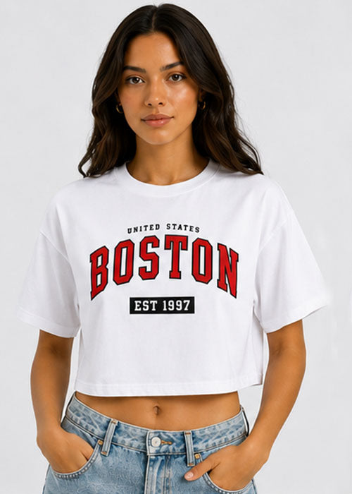 Boston Graphic Printed Oversized Crop T-Shirt – White