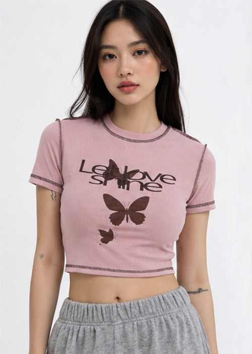 Fitted Love Shine Butterfly Graphic Crop Top