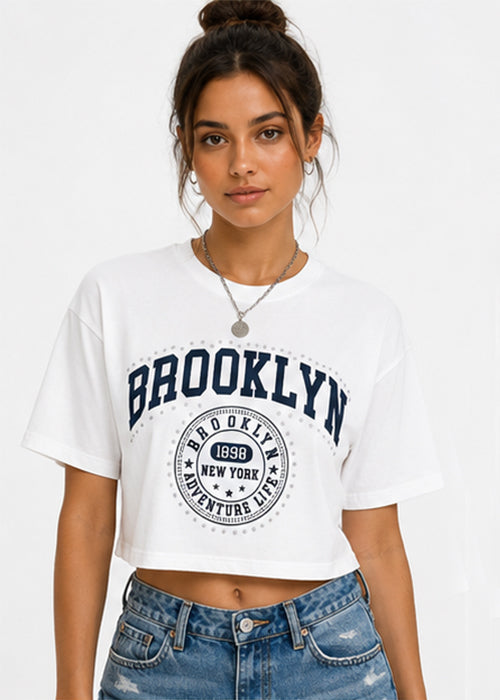 Fitted Brooklyn Graphic Printed Crop T-Shirt