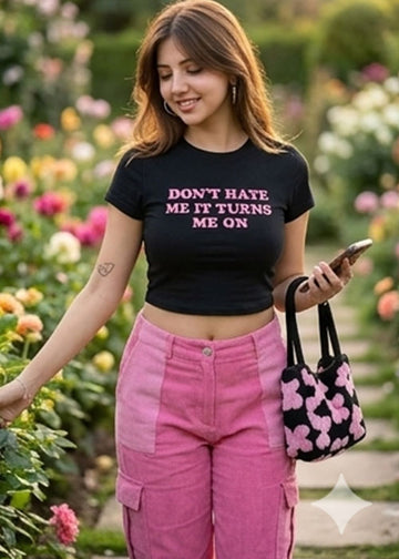 "Don't Hate Me It Turns Me On" Graphic Black Crop Top
