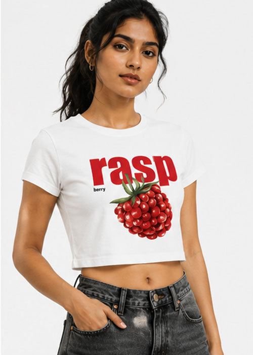Raspberry Graphic Slim Fit Crop Top – White