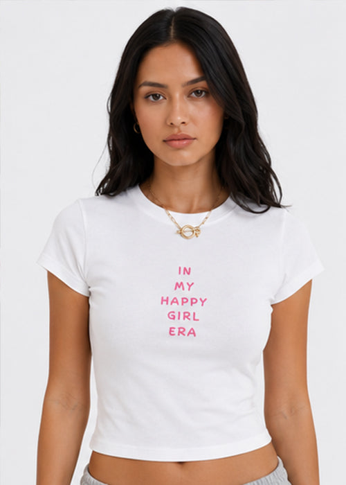 "In My Happy Girl Era" Graphic Slim Fit Crop Top – White