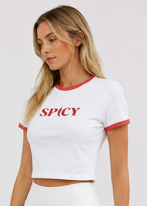Spicy Typography Ringer Crop Top – White