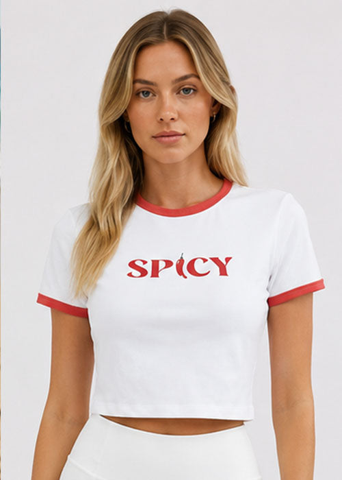 Spicy Typography Ringer Crop Top – White