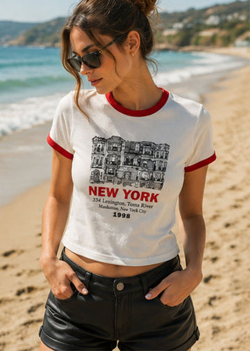 New York 1998 Graphic Ringer Crop T-Shirt-White
