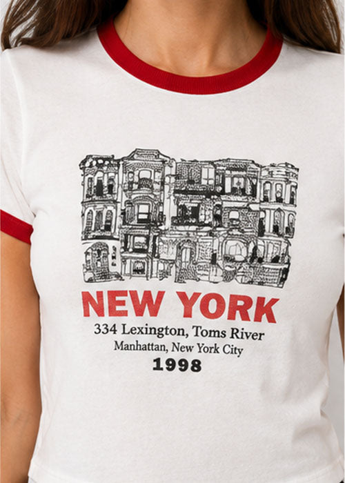 New York 1998 Graphic Ringer Crop T-Shirt-White