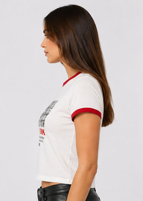 New York 1998 Graphic Ringer Crop T-Shirt-White