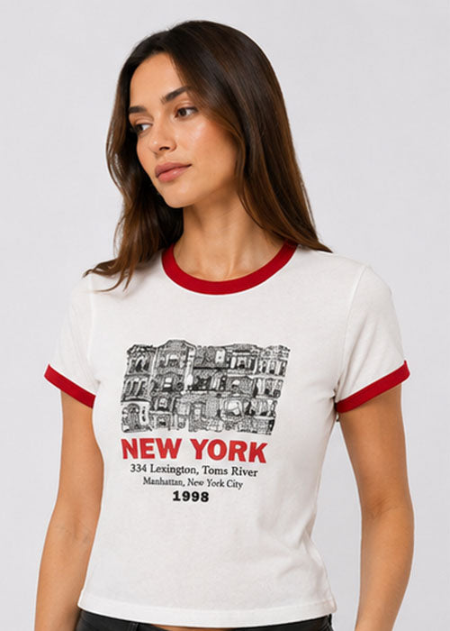 New York 1998 Graphic Ringer Crop T-Shirt-White