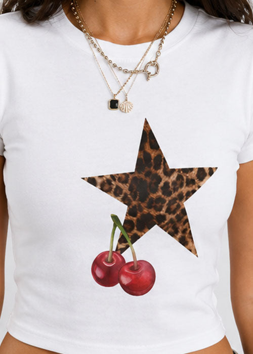 Leopard Star & Cherry Graphic Slim Fit Crop Top – White