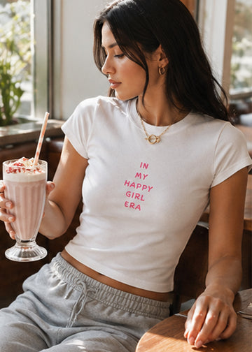 "In My Happy Girl Era" Graphic Slim Fit Crop Top – White