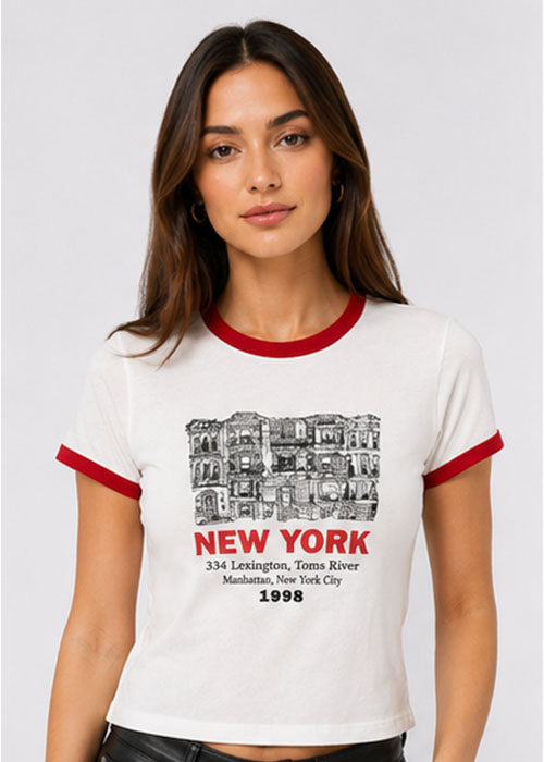 New York 1998 Graphic Ringer Crop T-Shirt-White