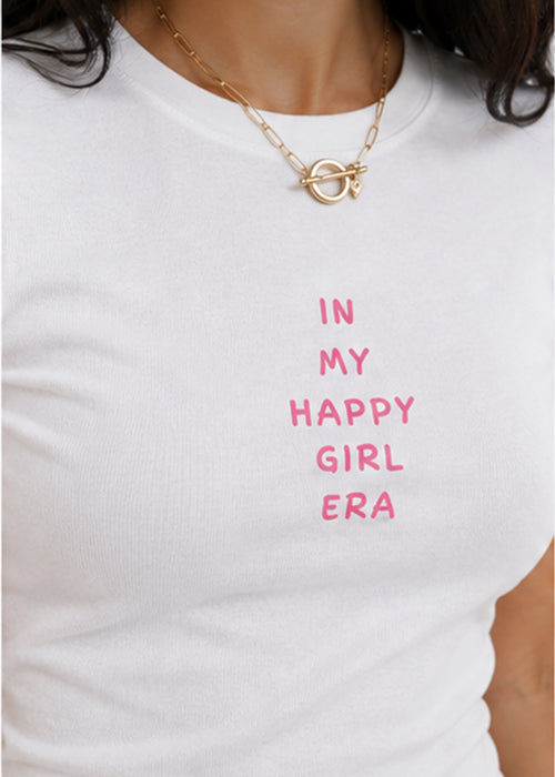 "In My Happy Girl Era" Graphic Slim Fit Crop Top – White