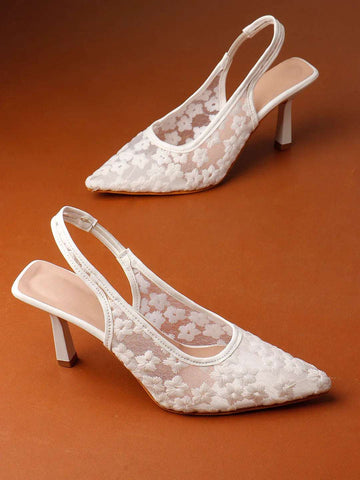 Embroidered Pointed Toe Slingback Heels with Mesh Design