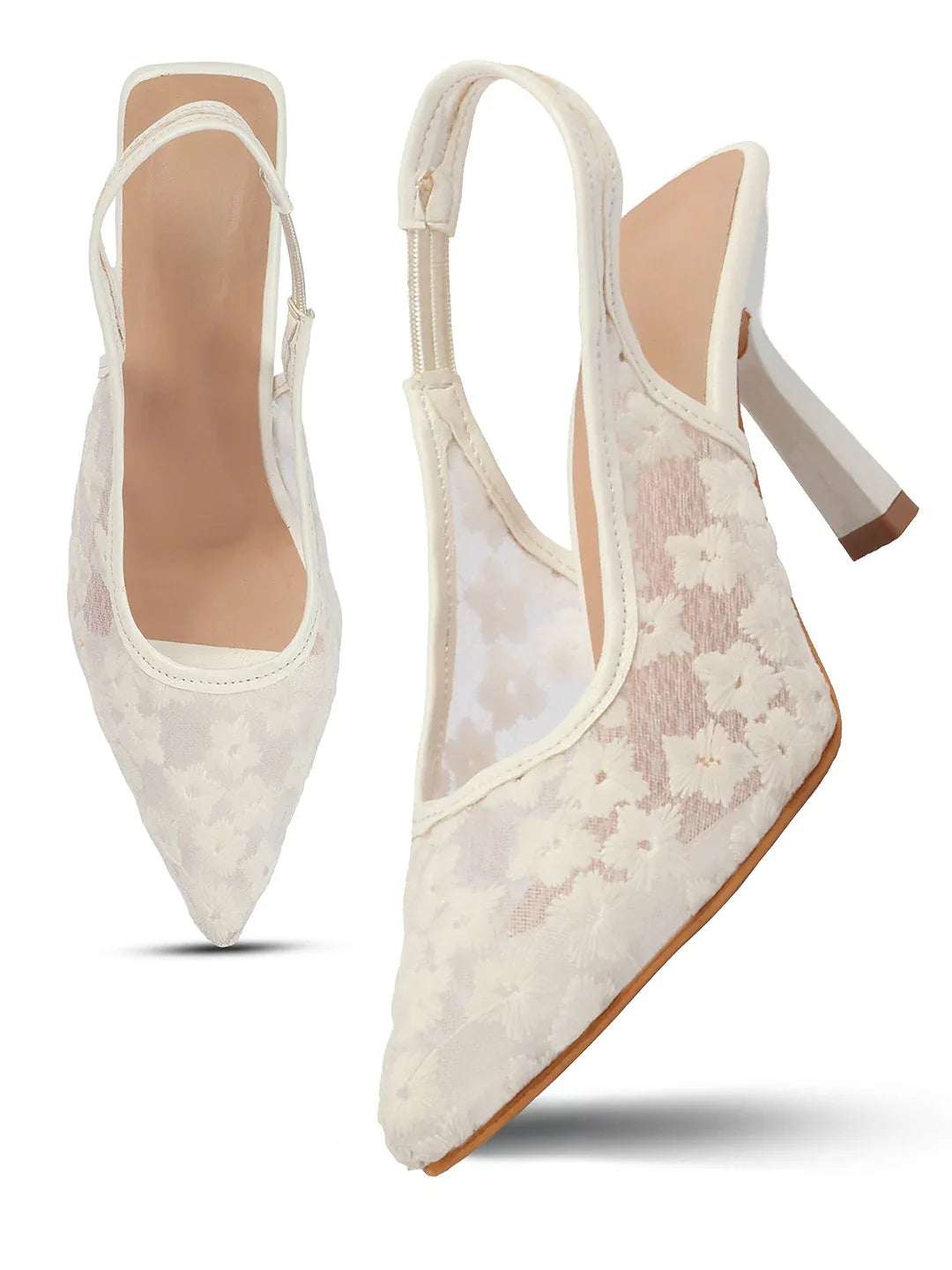 Embroidered Pointed Toe Slingback Heels with Mesh Design