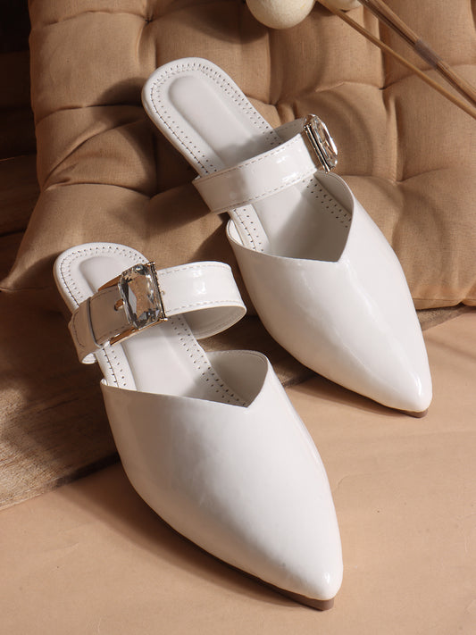 Gloss Finish Crystal Strap Pointed Toe Mules