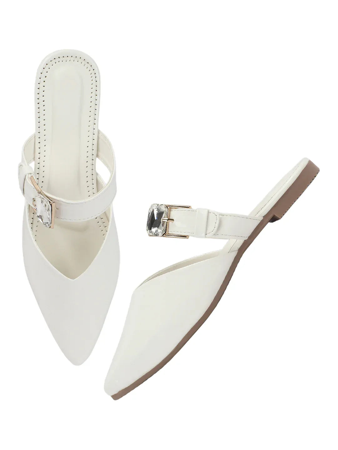 Gloss Finish Crystal Strap Pointed Toe Mules