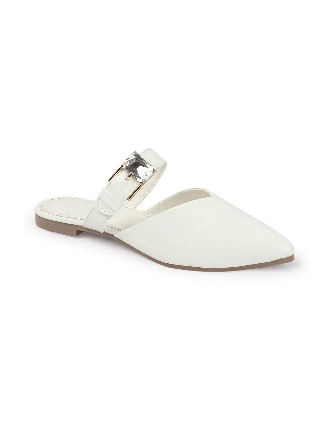 Gloss Finish Crystal Strap Pointed Toe Mules