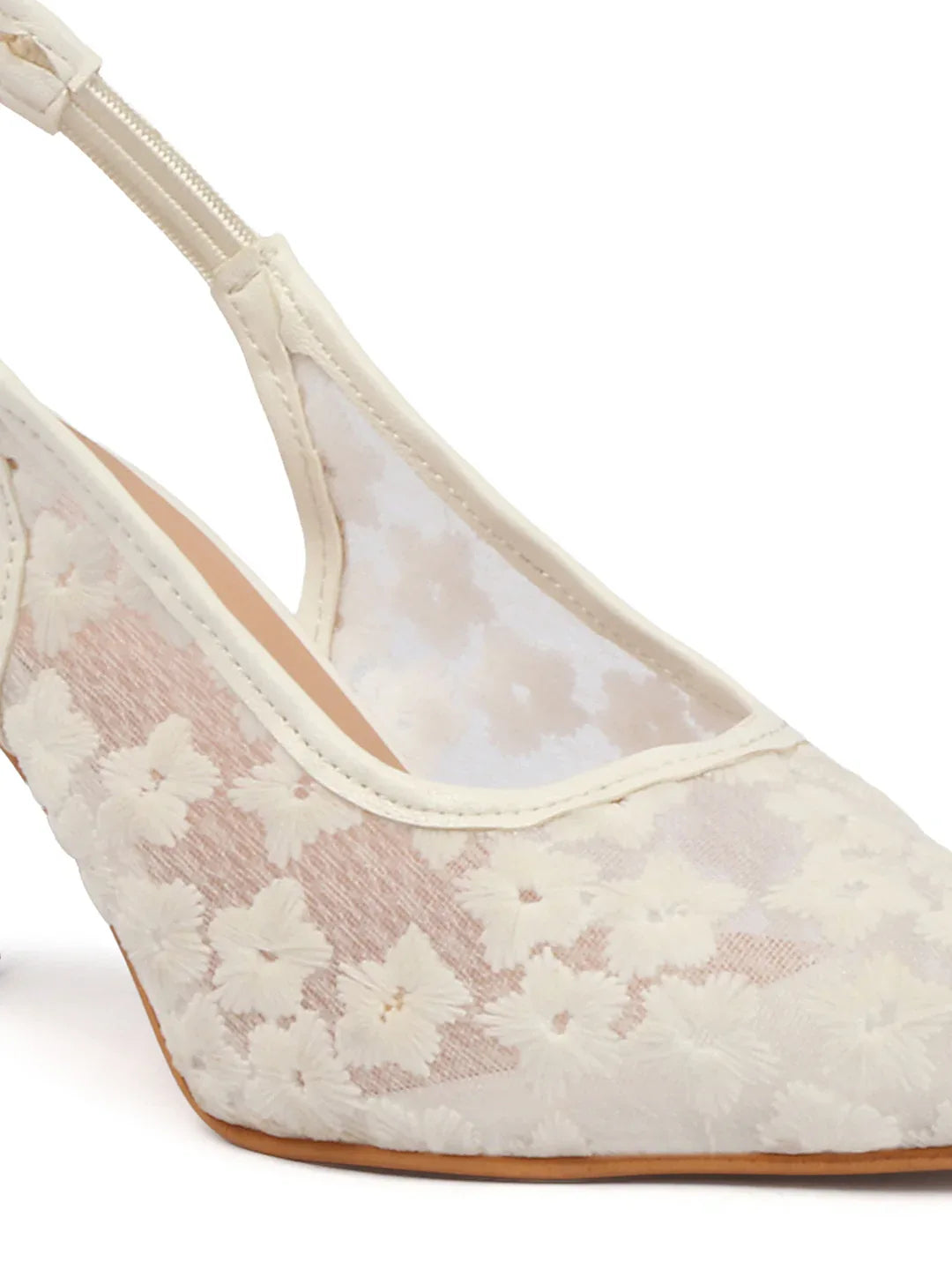 Embroidered Pointed Toe Slingback Heels with Mesh Design
