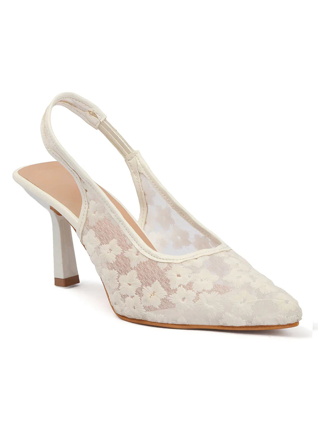 Embroidered Pointed Toe Slingback Heels with Mesh Design